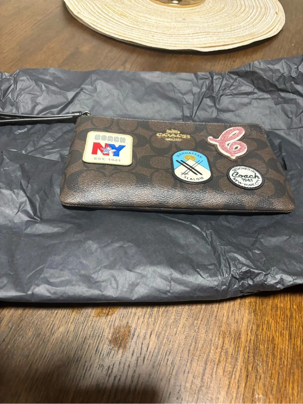 Coach Brown Signature Patch Wristlet Wallet with Multicolor Accents